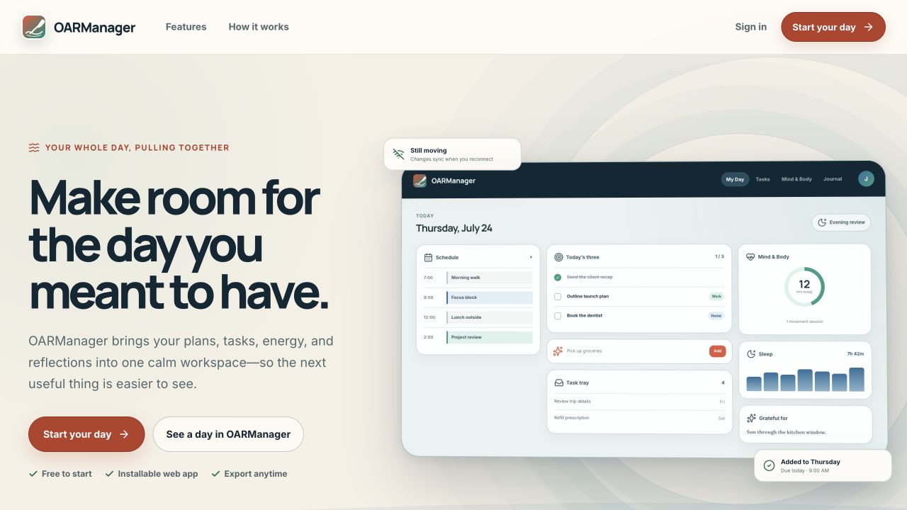 OARManager website showing the My Day planning dashboard